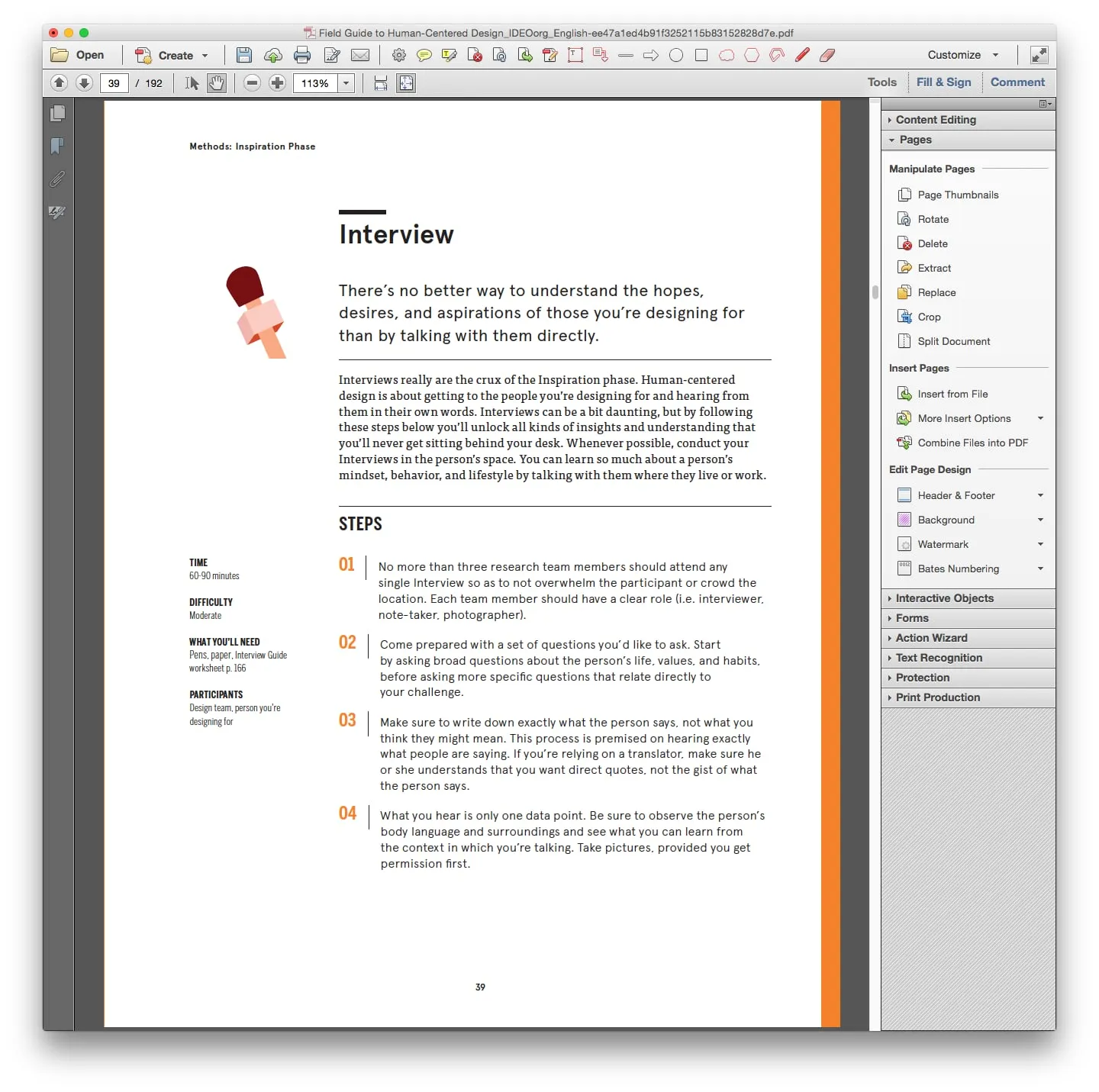 Acrobat with a document page on the left and the Tools pane on the right showing Pages expanded with page manipulation commands and other sections collapsed.