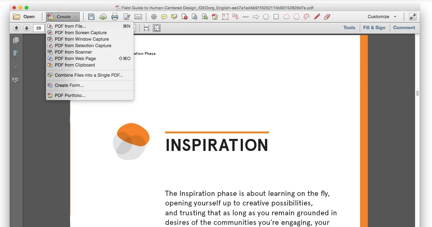 Acrobat Create menu open under the toolbar, listing PDF from file, screen capture, window capture, scanner, web page and clipboard, then combine files, create form and PDF portfolio.