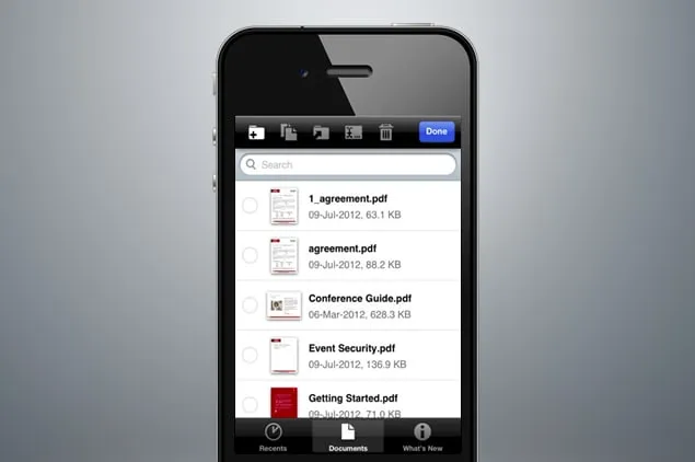 Phone mockup of a document list with edit icons and a Done button on top, a search field, five PDF files with thumbnails and Recents, Documents and What's New tabs below.
