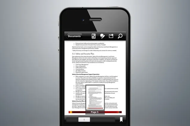 Phone mockup of a reading view with a top bar, a document page and a page preview labeled Page 5 above a scrubber along the bottom.