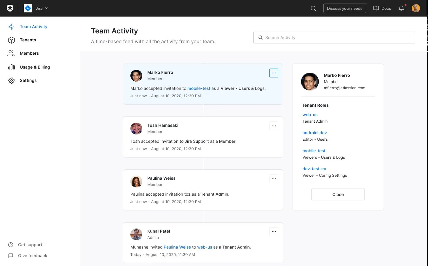 Auth0 dashboard Team Activity page: a time-ordered feed of member invitations on the left and a member detail panel on the right listing that person's role in each tenant.