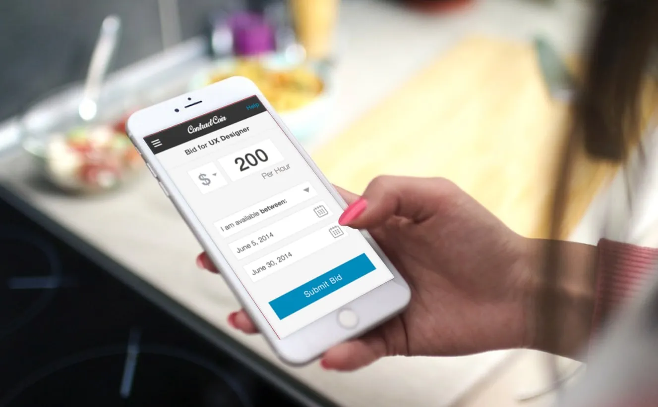 A hand holding a phone that shows the ContractCoin bid screen: a bid for UX Designer with an hourly rate field, availability dates and a Submit Bid button.