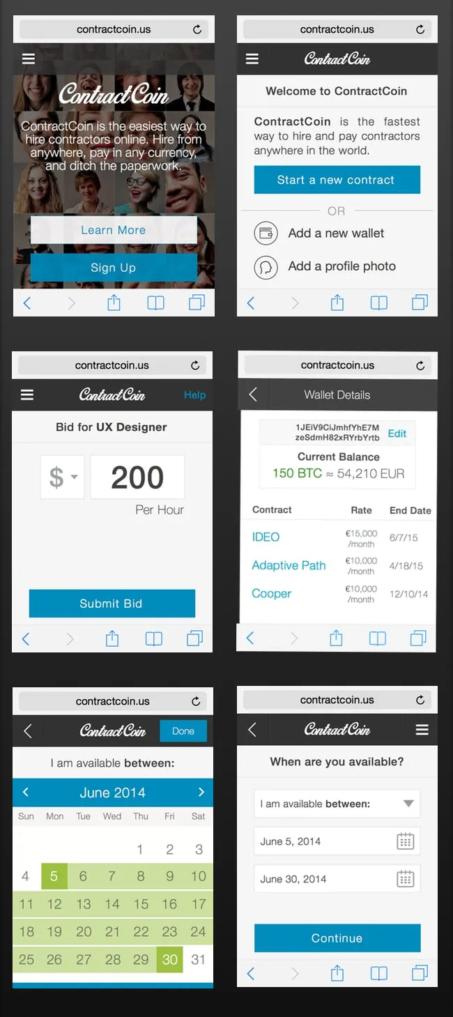 Tall sheet of six ContractCoin mockups: welcome with photo grid, start a contract, bid for UX Designer, wallet details, availability calendar and date fields.
