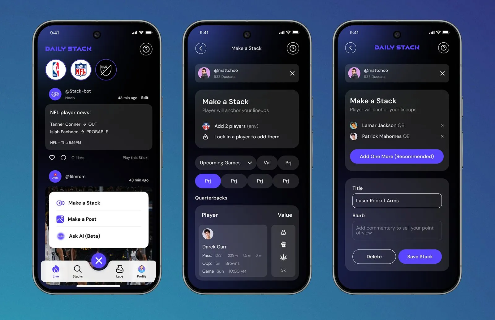 Three phones on a blue background showing Daily Stack: the home feed with an add menu, the Make a Stack screen with a player list, and a saved stack form with Title and Blurb fields.