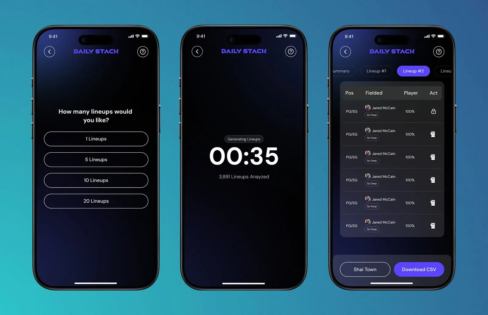 Three phones showing lineup generation: a choice of 1, 5, 10 or 20 lineups, a 00:35 timer reading 3,891 lineups analyzed, and a results table with tabs for each lineup.