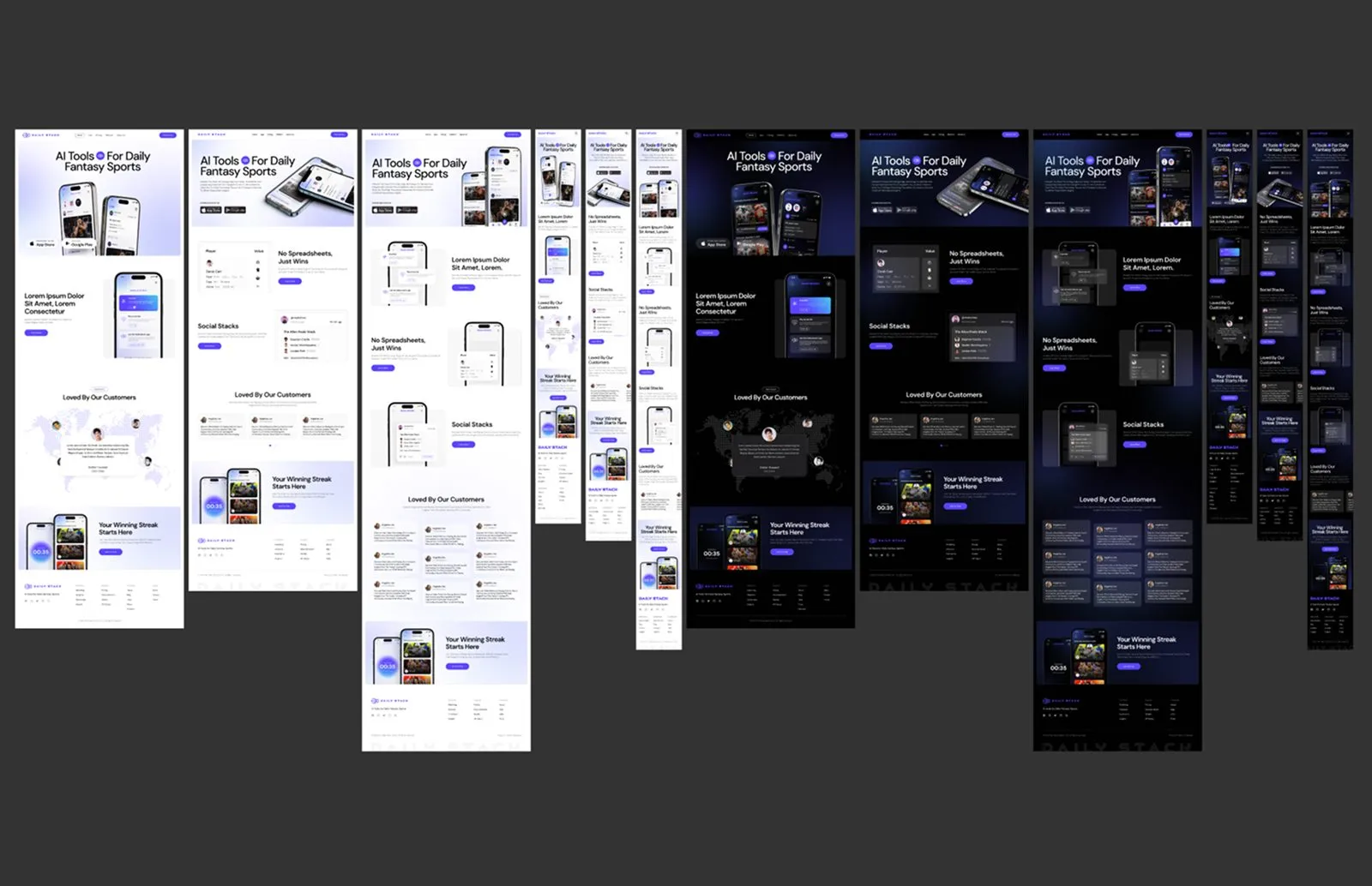 An overview of Daily Stack landing page layouts in light and dark versions, at wide desktop widths and narrow mobile widths, arranged side by side on a dark canvas.