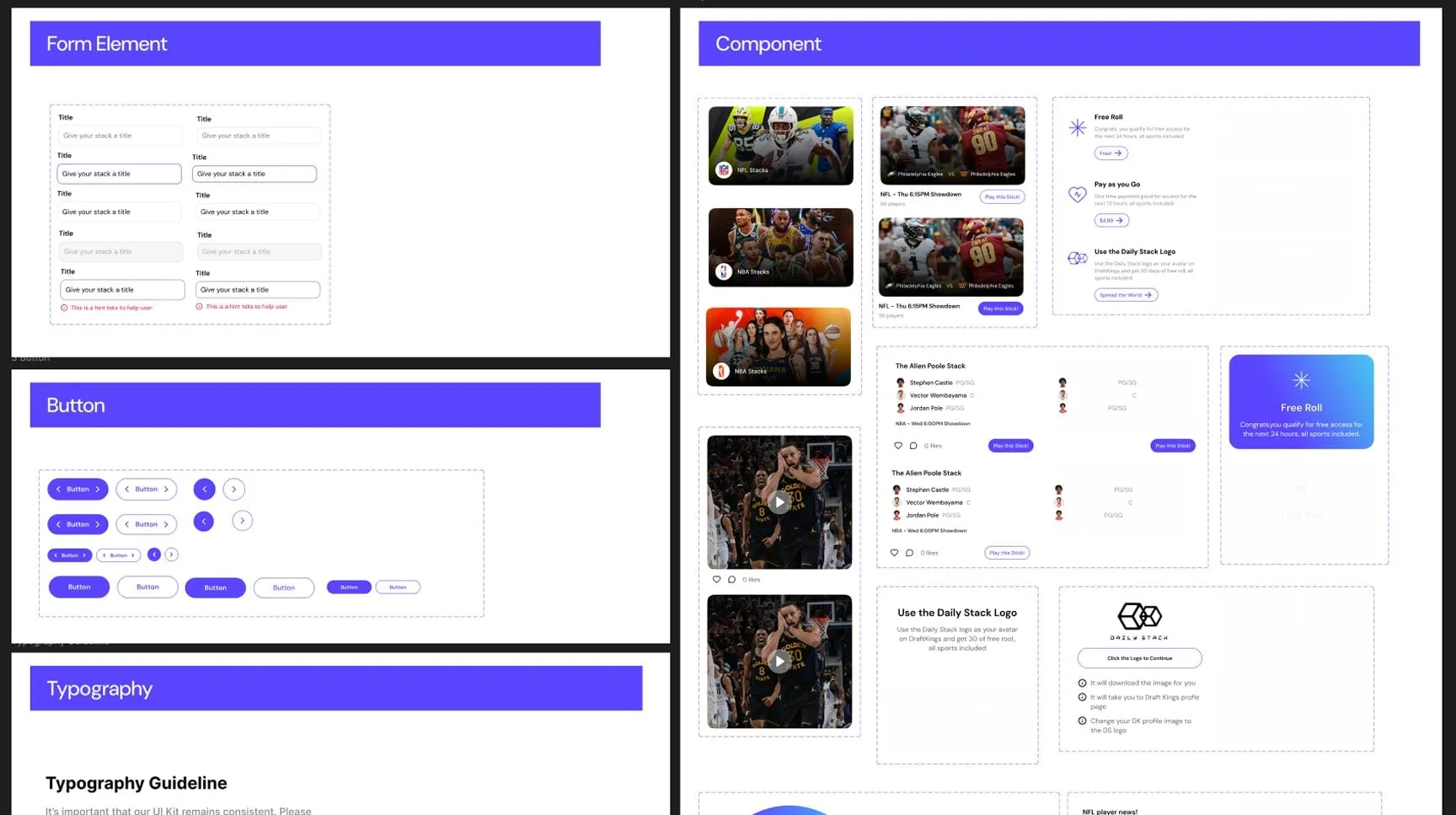 A design system sheet for The Daily Stack: form field states, button sizes and styles, a typography header, and a component library of stack cards, news posts and access option cards.