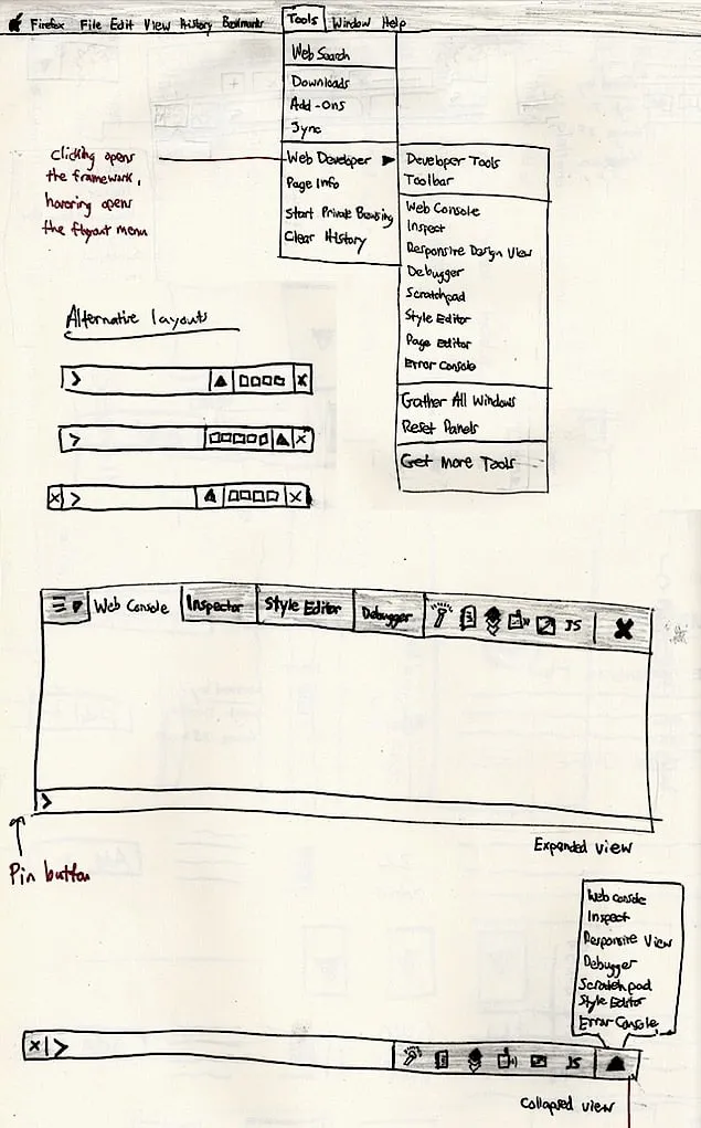 Pen sketch of the Tools menu with a Web Developer flyout, three alternative toolbar layouts, an expanded toolbox with tabs and a pin button, and a collapsed single row view.