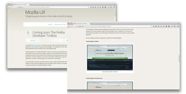 Two overlapping browser windows showing the Mozilla UX blog post titled Coming soon: The Firefox Developer Toolbox, with an image of the toolbox in the article.