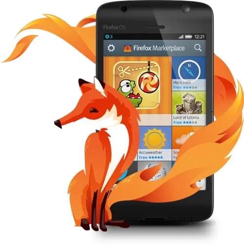 A Firefox OS phone showing the Firefox Marketplace home screen with app tiles, with a stylized fox curled around it.