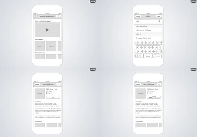 Four grayscale phone wireframes of the Marketplace: a home page with a video and featured apps, a search with suggestions and keyboard, an app details page and an install in progress.