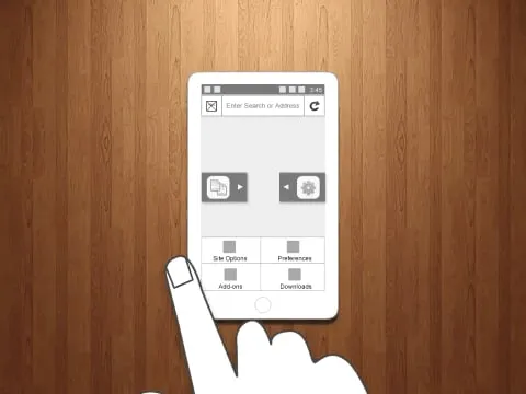 Phone mockup on a wooden table with a hand touching it, showing an address bar and a menu of Site Options, Preferences, Add-ons and Downloads.