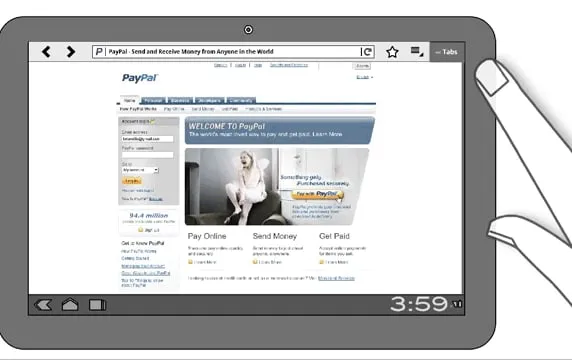 Wide tablet mockup showing a web page under a toolbar with a Tabs control at the top right corner, and a hand reaching in from the right.