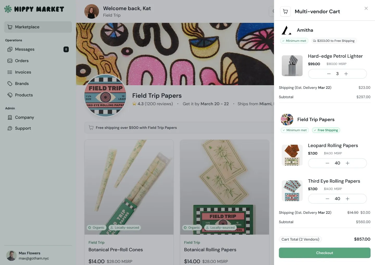 Hippy Market brand page for Field Trip Papers with a Multi-vendor Cart panel open, listing items from two vendors with shipping status tags, a cart total and a Checkout button.