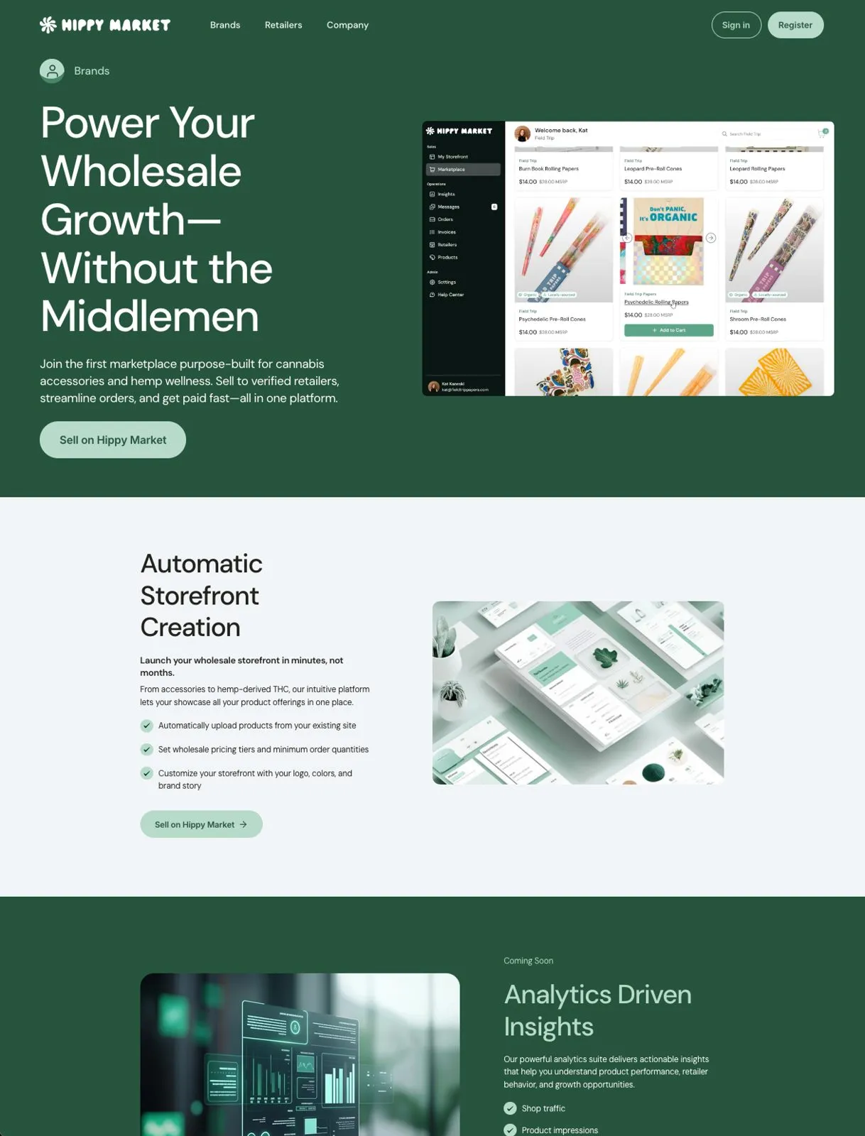 Long Hippy Market marketing page for brands, with a headline about wholesale growth, an Automatic Storefront Creation section and an Analytics Driven Insights section.