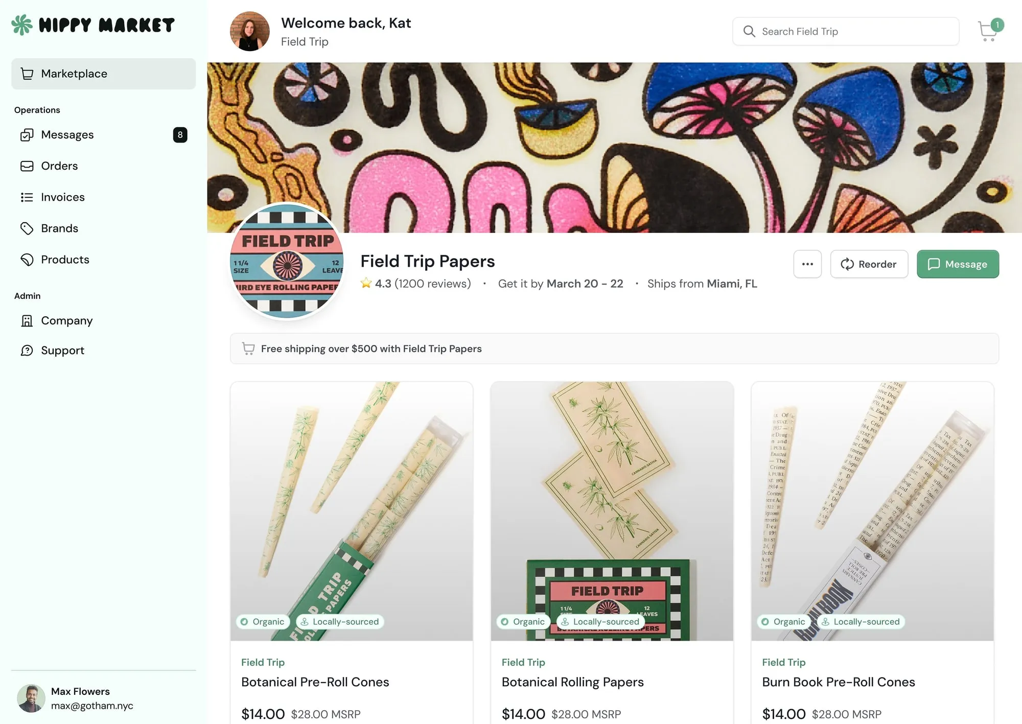 A brand storefront in the Hippy Market marketplace for a rolling paper brand, with banner art, rating, shipping information, a free shipping notice and product cards.