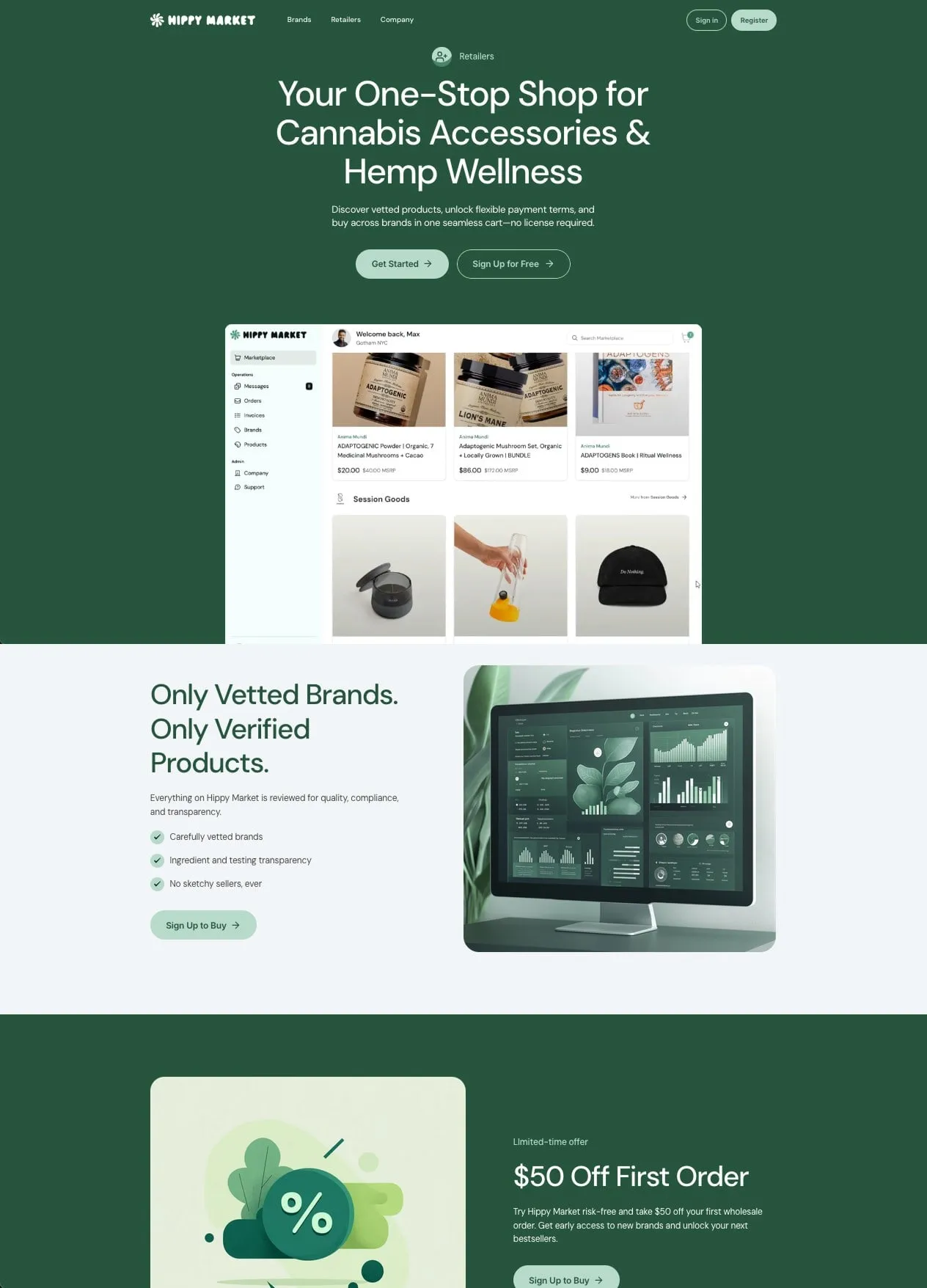 The Hippy Market retailer landing page on a dark green background, with a headline for cannabis accessories and hemp wellness, a product grid preview and a vetted brands section.