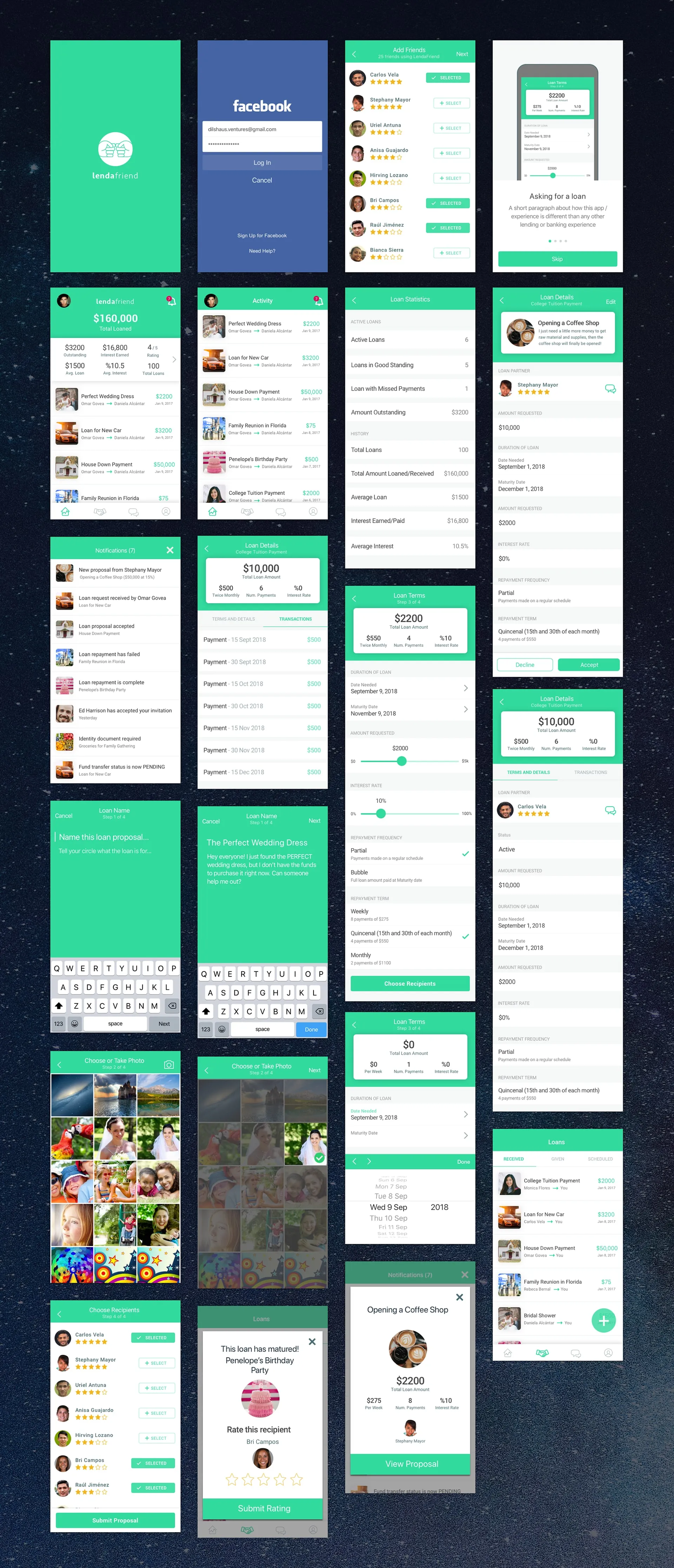 Tall sheet of green full-fidelity mockups: sign-in, friend picker, dashboard, notifications, loan terms steps, loan details with payments, rating a borrower and a proposal.