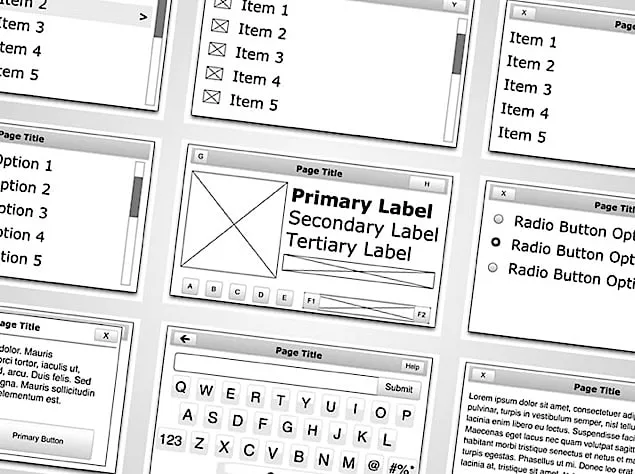 Grayscale wireframe components: plain and thumbnail lists, radio buttons, a QWERTY keyboard, text pages and a layout with primary, secondary and tertiary labels.
