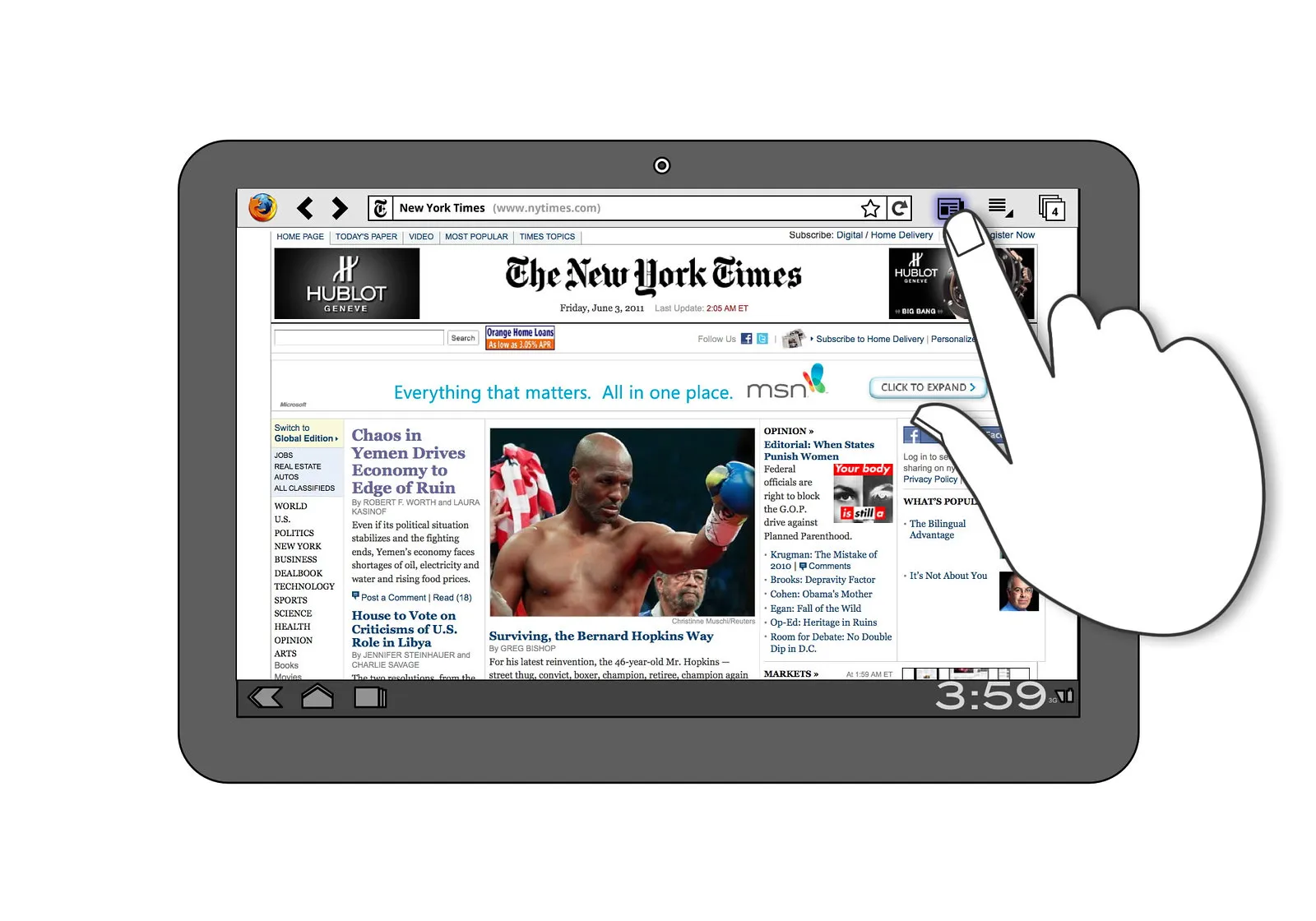 Tablet mockup of a news site's front page, with a hand touching a highlighted reading button in the browser toolbar.