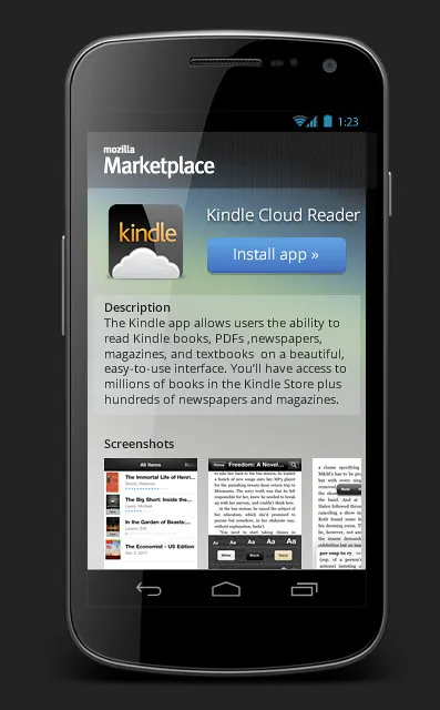 Phone mockup of a Mozilla Marketplace app details page with an Install app button, a description and a row of screenshots.