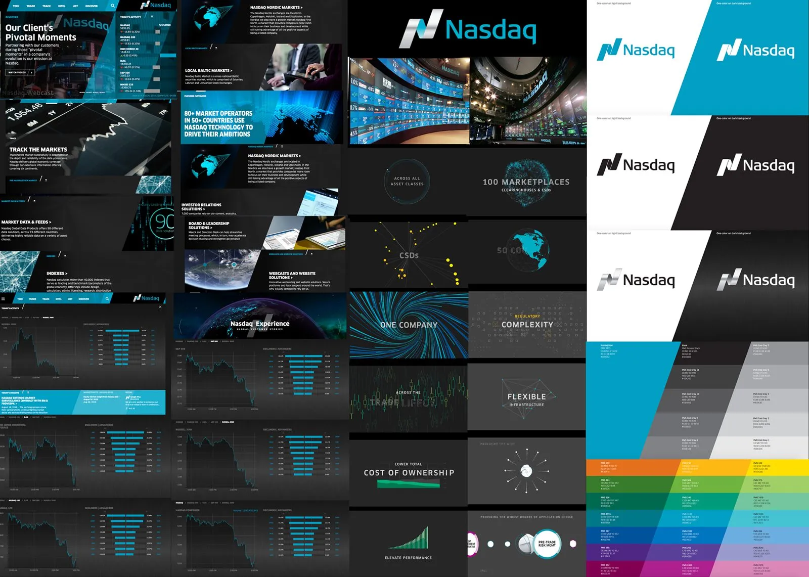 Collage of Nasdaq brand and presentation boards: dark market imagery and data walls, charts, Nasdaq logo variations on light and dark backgrounds, and color swatches.
