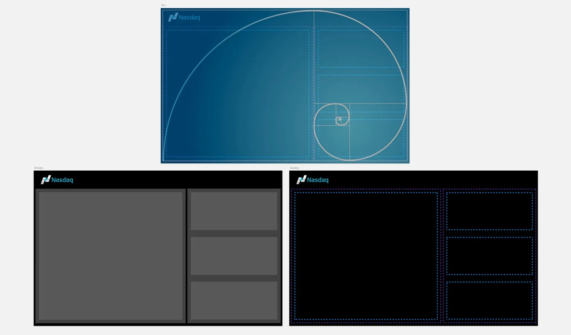 A golden-ratio spiral over a blue Nasdaq tile, with two black layouts below that show one large panel and three smaller panels as solid blocks and dashed outlines.
