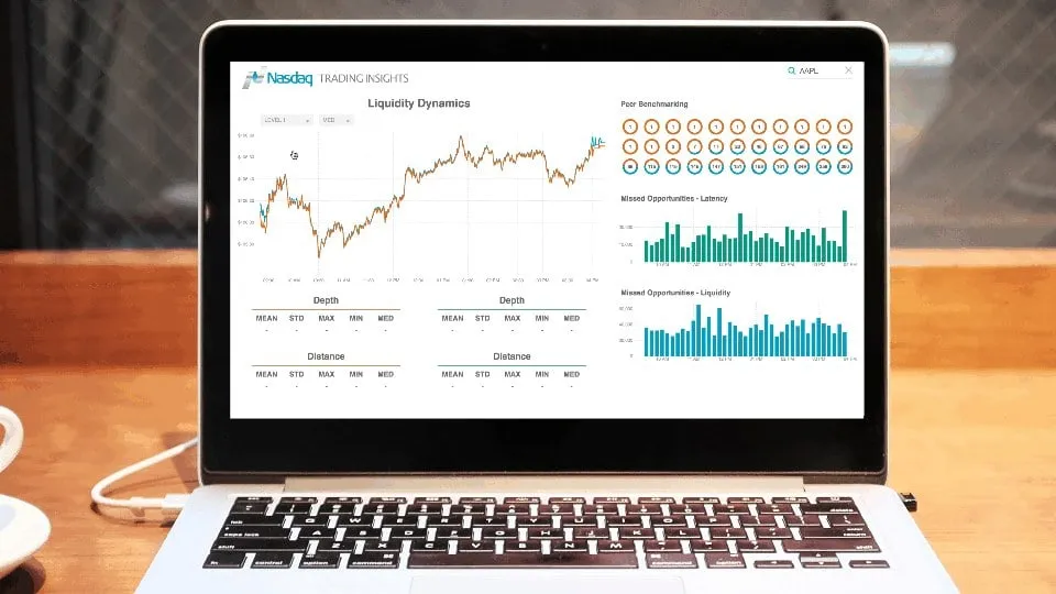 The Trading Insights dashboard on a laptop screen sitting on a wooden desk, showing a liquidity price line, peer rings and two bar charts in a light theme.