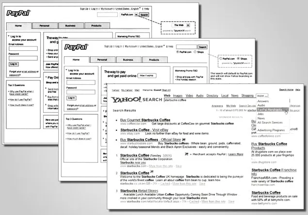 Two printed wireframes of the PayPal sign-in page with a search option, laid over a Yahoo search results page with a PayPal Merchants entry in its menu.