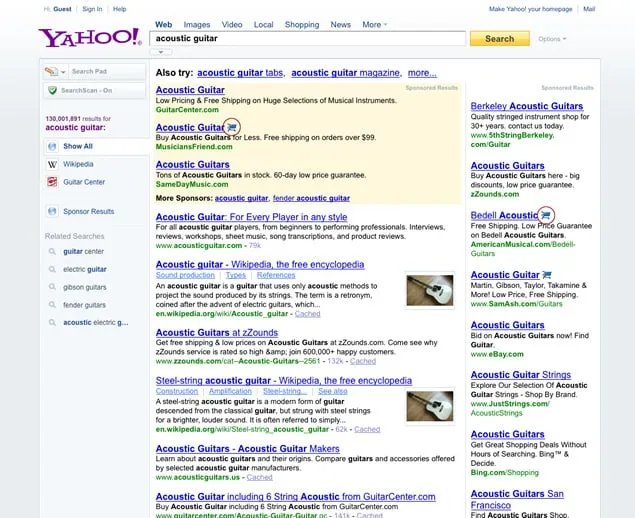 Yahoo search results for acoustic guitar with a small shopping cart icon beside several sponsored listings, marking advertisers that accept PayPal checkout.