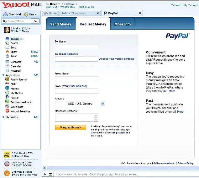 Yahoo Mail with a PayPal tab open showing Send Money, Request Money and More Info tabs, a request form and short notes on why the service is convenient, easy and fast.