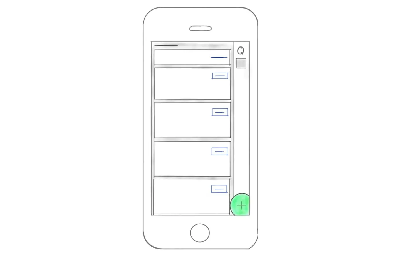 A loose line sketch of a phone with a stack of result rows, each with a small button, a Q search mark at the right and a green plus button in the bottom corner.