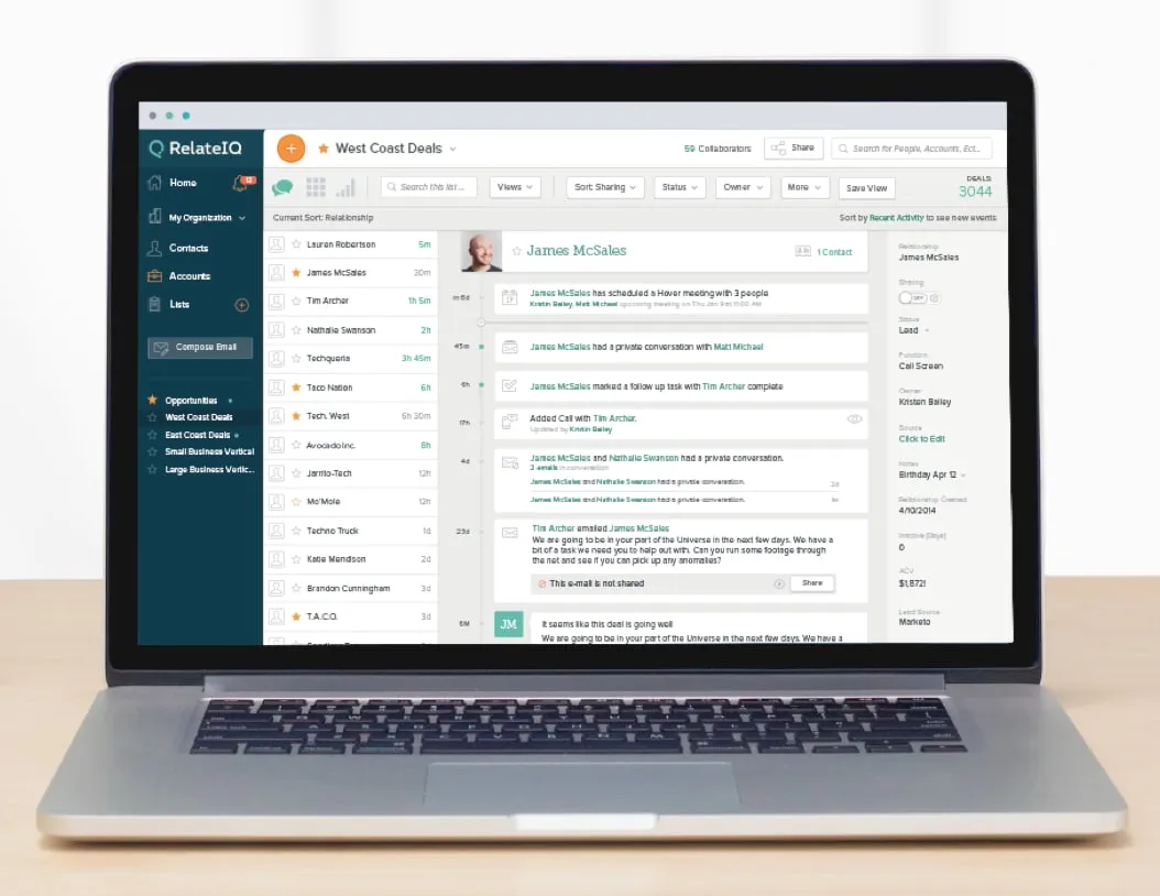 RelateIQ on a laptop showing a West Coast Deals list on the left and a conversation timeline for one contact in the middle, with record fields on the right.