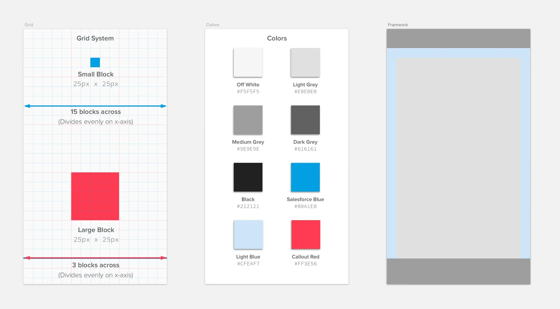 Three design sheets: a grid system with small and large blocks, a color palette of eight named swatches with hex values, and a blank framework layout.