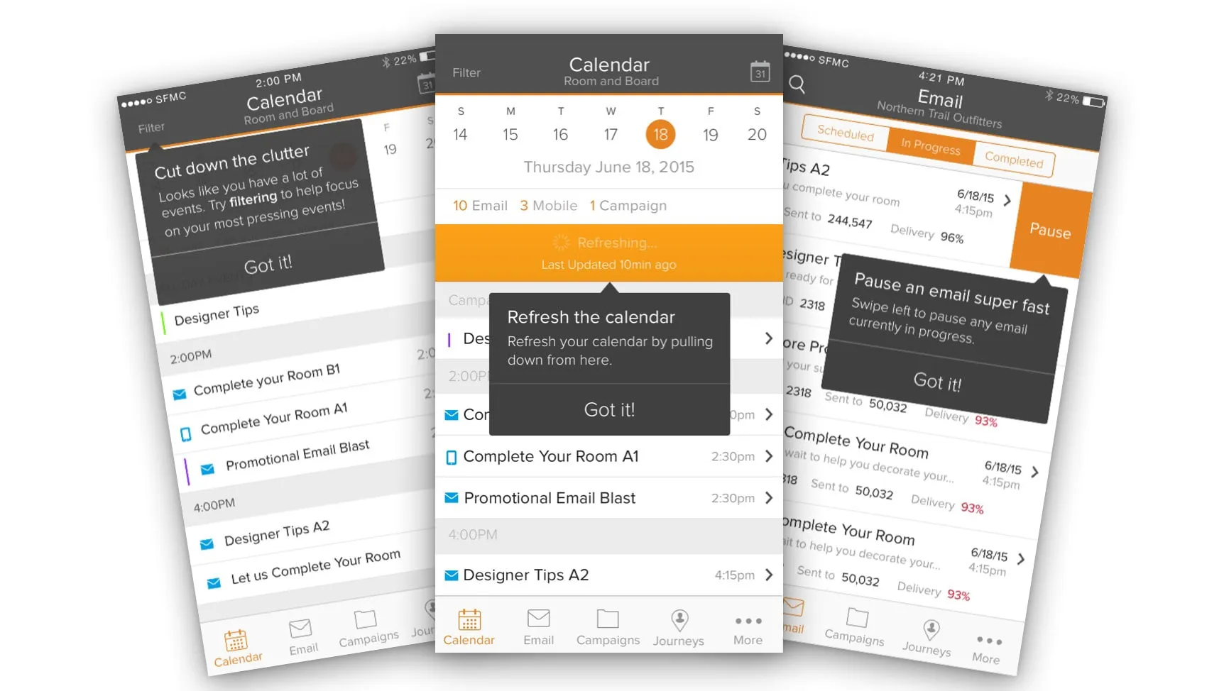 Three tilted app screens showing a calendar and email list, each with a dark tooltip such as Refresh the calendar and Pause an email super fast, and a Got it button.