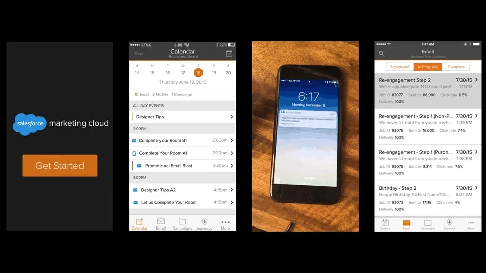 Four frames from motion work: a Marketing Cloud splash screen with a Get Started button, the calendar, a phone lock screen notification and the email list.