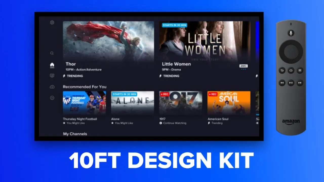 Graphic titled 10FT Design Kit on a blue background: a television showing the Sling home screen with a Recommended For You row beside a Fire TV remote.