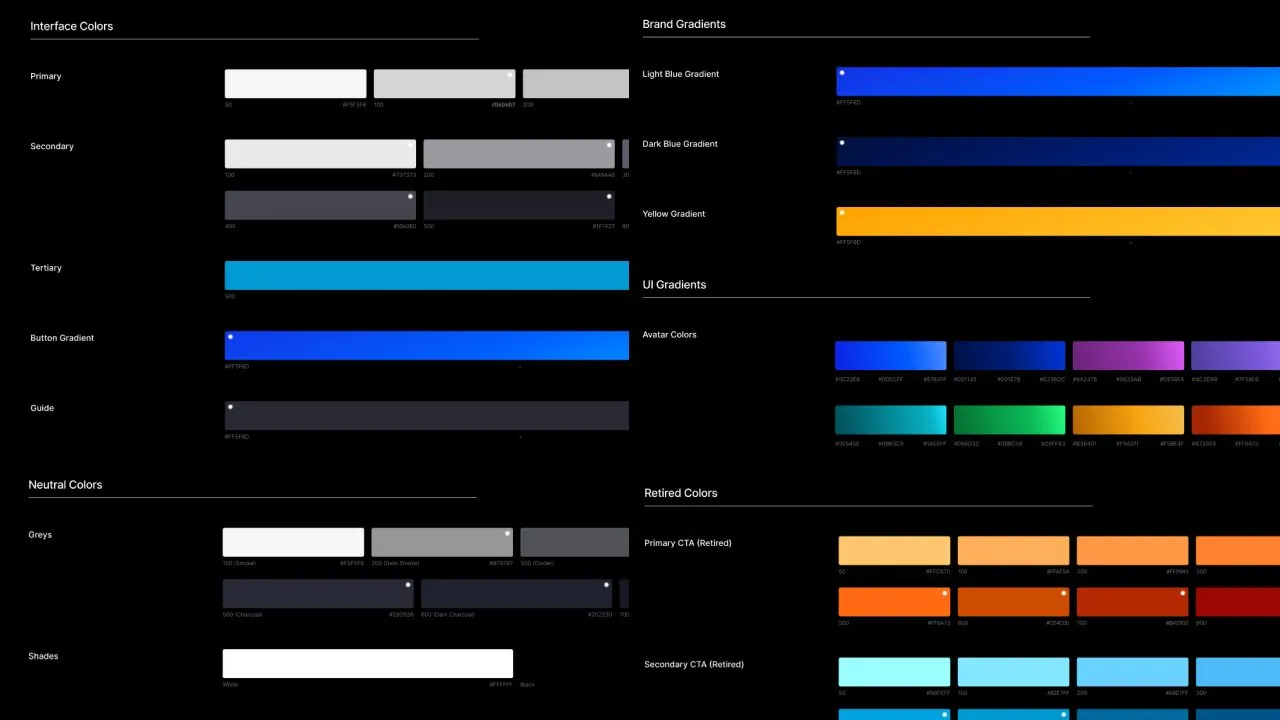 Dark design file page of color swatches grouped as interface colors, brand gradients, UI gradients, neutral colors and retired colors, each labelled with hex values.