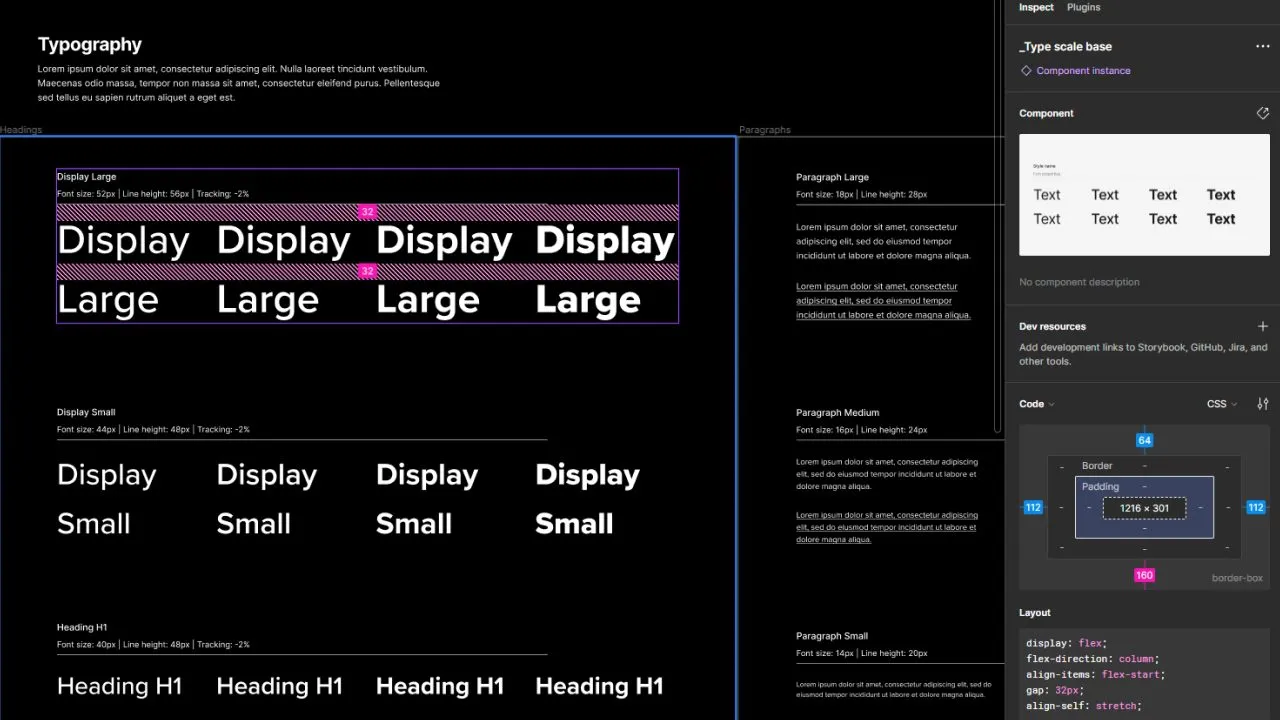 Typography specimen in a design file showing Display, Heading and Paragraph styles with size and line height labels, and an inspect panel with the type scale and CSS code.