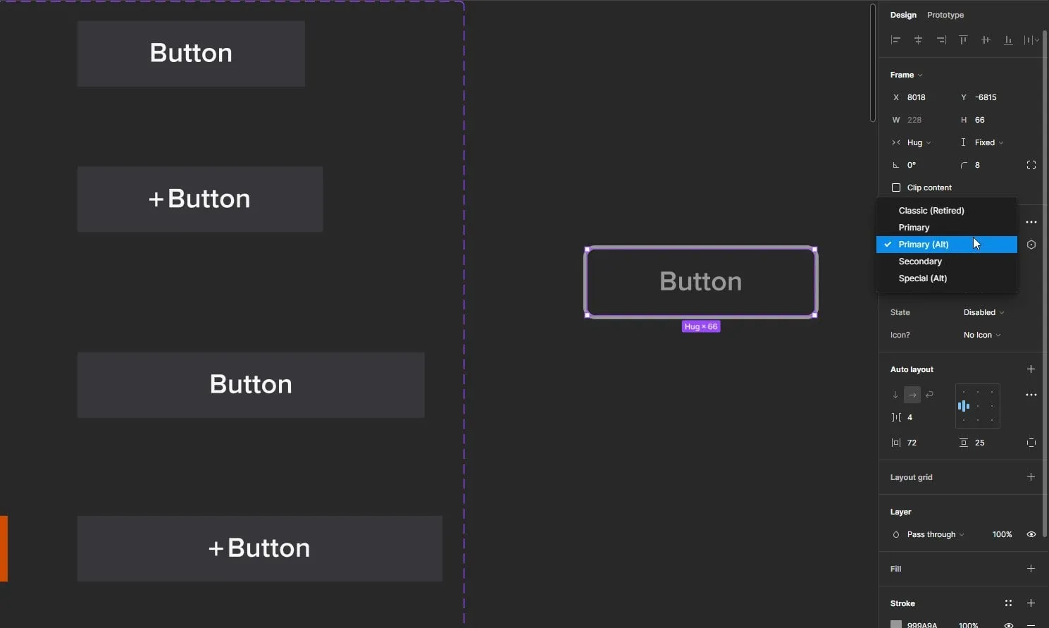 A button component in a design file shown in several sizes with the properties panel open and a menu listing Classic (Retired), Primary, Primary (Alt), Secondary and Special (Alt).