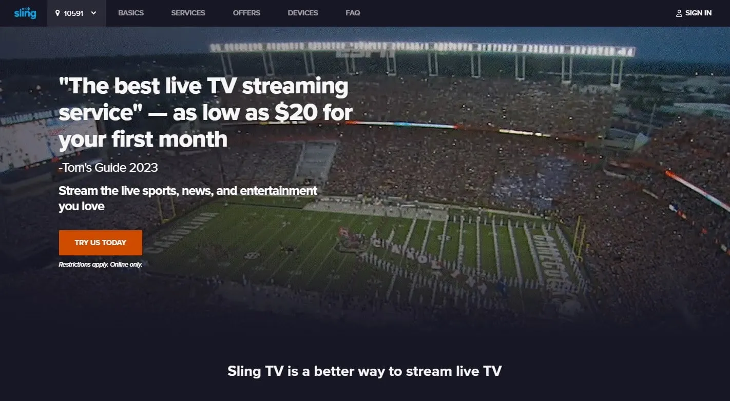The Sling TV website home page with a stadium photo behind a headline, a Try Us Today button and navigation links for basics, services, offers and devices.