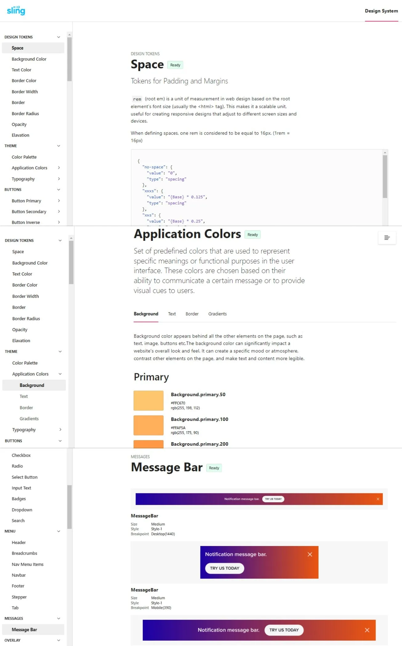 Three stacked screenshots of the documentation site: the Space token page with code, the Application Colors page with swatches, and the Message Bar component page with variants.