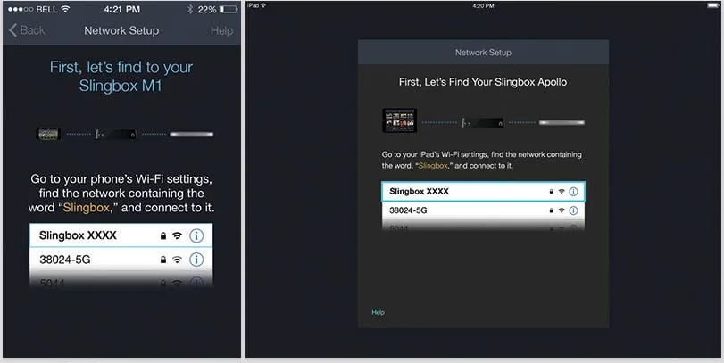 Two dark setup screens, phone and tablet, telling the user to join the Wi-Fi network named Slingbox, with a list of networks and one highlighted.