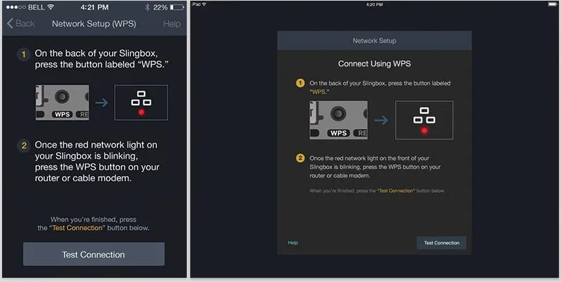 Phone and tablet setup screens with two numbered WPS steps, a drawing of the Slingbox WPS button and blinking red light, and a Test Connection button.