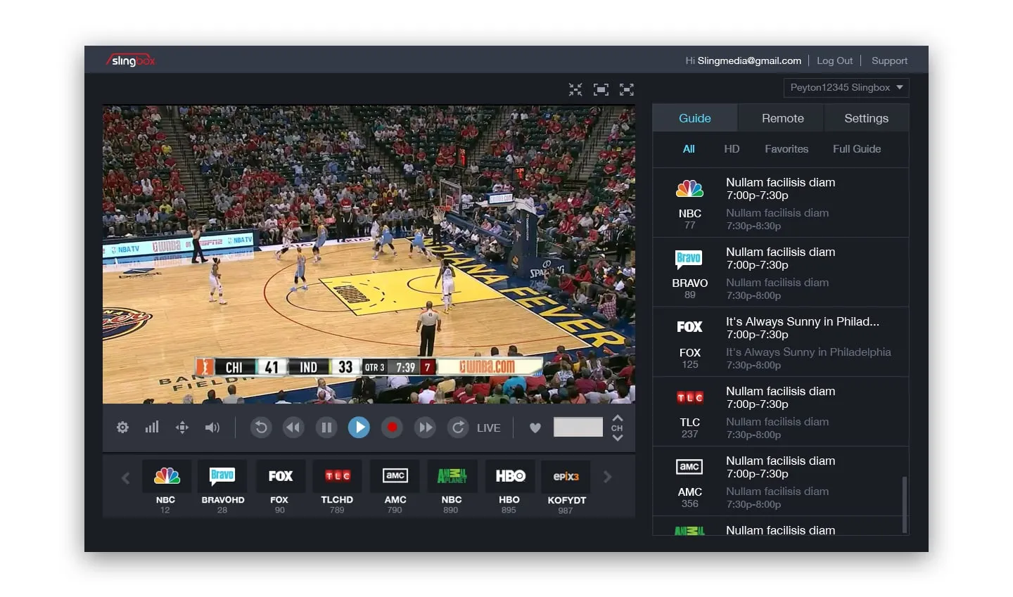 SlingPlayer on the desktop showing a live basketball game, with transport controls under the video and a sidebar listing channels and show times.