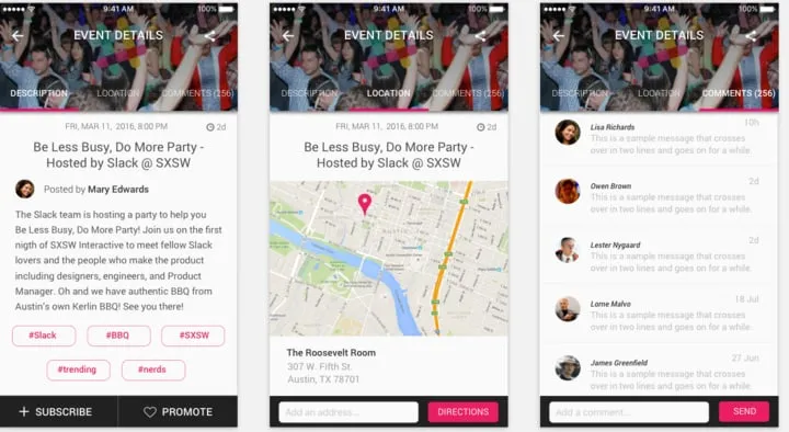 Three event details screens for one event, showing the Description tab with tags, the Location tab with a map and Directions button, and the Comments tab.
