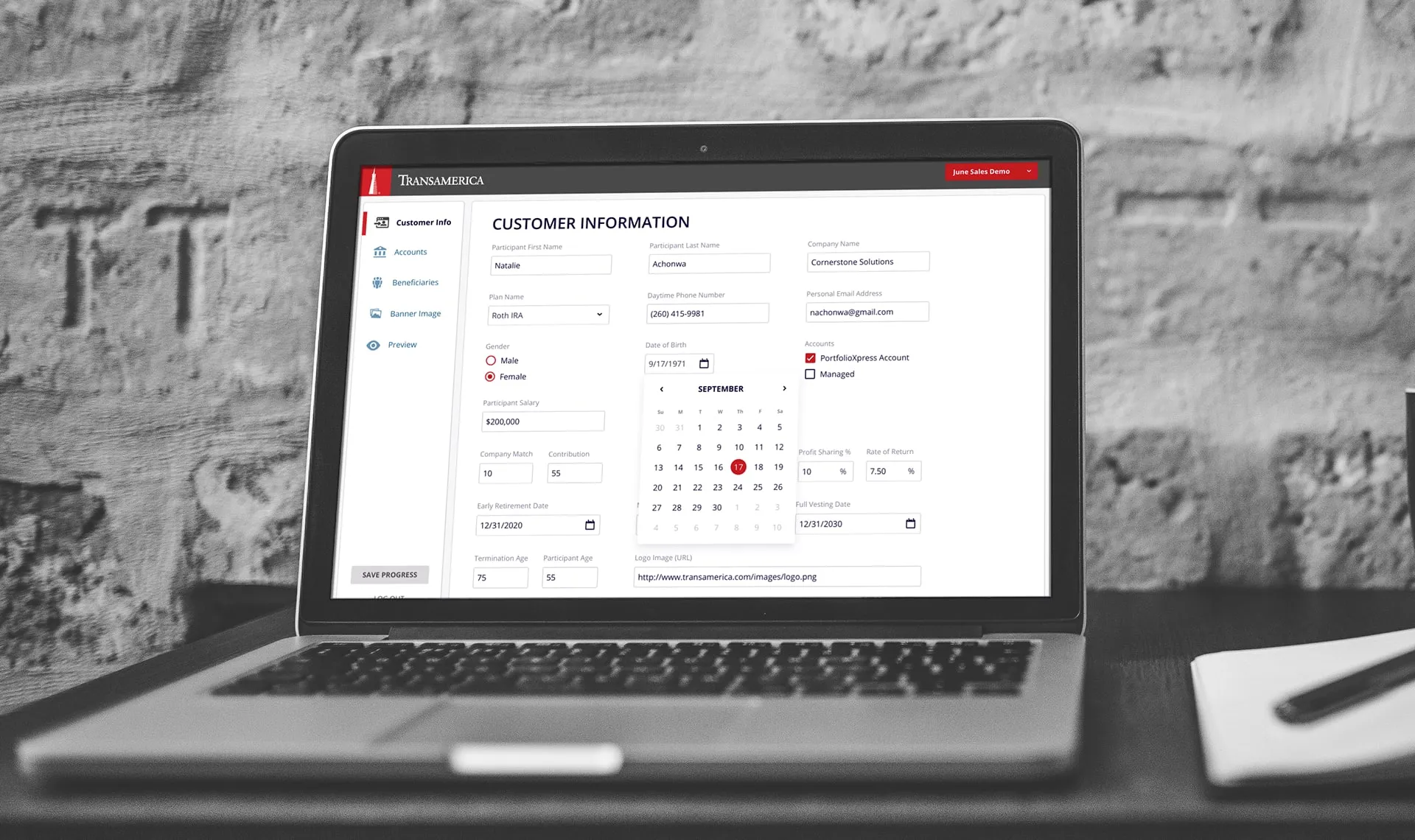 Laptop showing a Customer Information form with a sidebar of sections and an open date picker for date of birth.