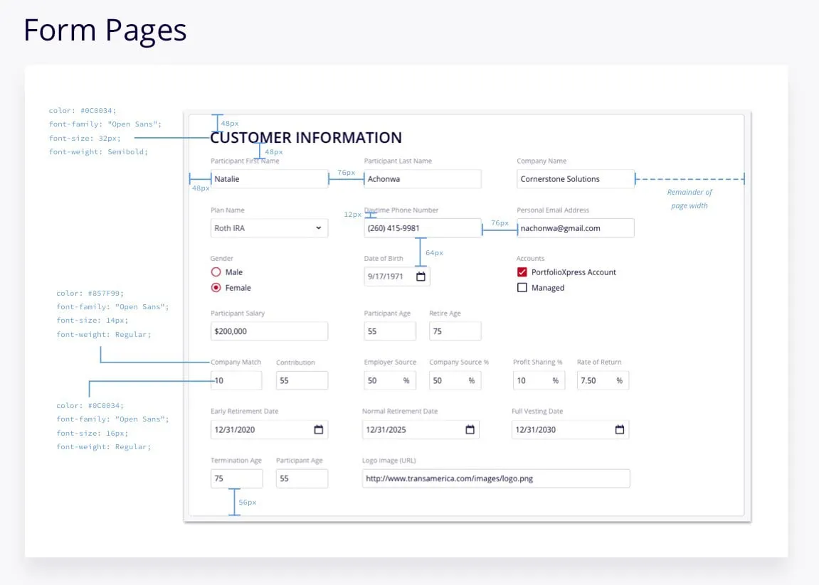 Form page spec for Customer Information with fields in a grid and blue callouts giving spacing in pixels, plus color, font and weight values for labels and headings.