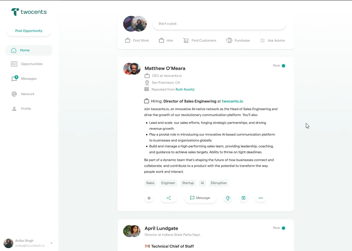 twocents Opportunity Feed with a start a post box, a sidebar, and a hiring post for a Director of Sales Engineering with tags and message and share buttons.