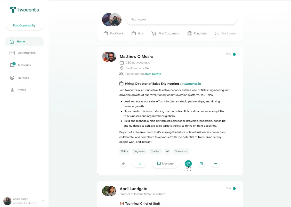 Opportunity Feed with a hiring post and the AI Replies button, a round lightbulb icon in the post action row, highlighted by the cursor.